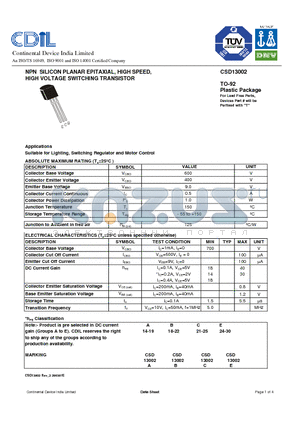 CSD13002 datasheet - NPN SILICON PLANAR EPITAXIAL, HIGH SPEED, HIGH VOLTAGE SWITCHING TRANSISTOR