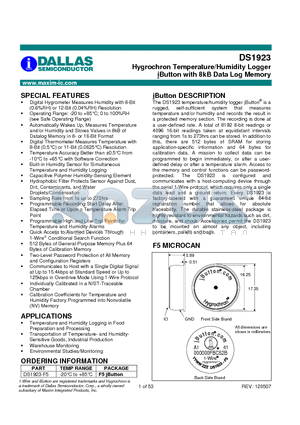 DS1923_1 datasheet - Hygrochron Temperature/Humidity Logger iButton with 8kB Data Log Memory