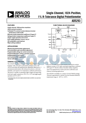 AD5293BRUZ-20 datasheet - Single-Channel, 1024-Position, 1% R-Tolerance Digital Potentiometer