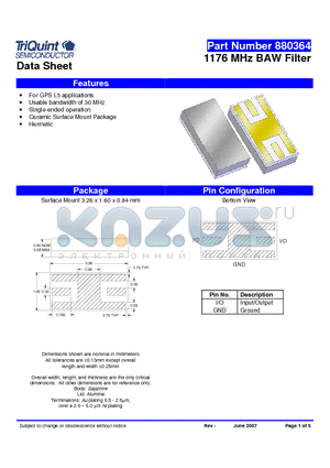 880364 datasheet - 1176 MHz BAW Filter