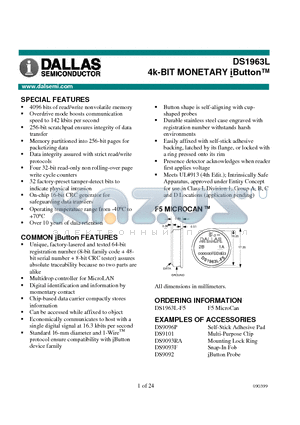 DS1963L datasheet - 4k-BIT MONETARY iButton