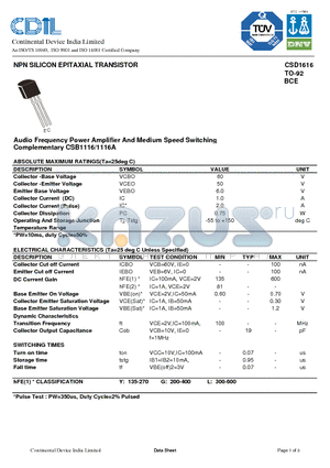 CSD1616 datasheet - NPN SILICON EPITAXIAL TRANSISTOR