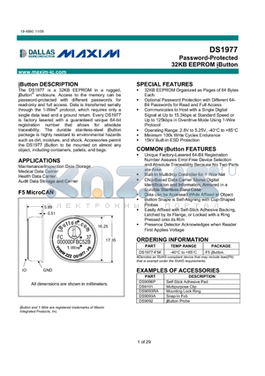 DS1977 datasheet - Password-Protected 32KB EEPROM iButton