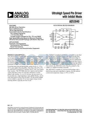 AD53040 datasheet - Ultrahigh Speed Pin Driver with Inhibit Mode