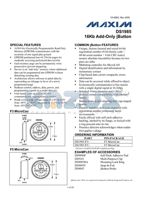 DS1985 datasheet - 16Kb Add-Only iButton