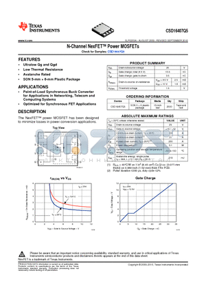 CSD16407Q5 datasheet - N-Channel NexFET Power MOSFETs