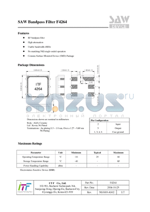 F4264 datasheet - SAW Bandpass Filter