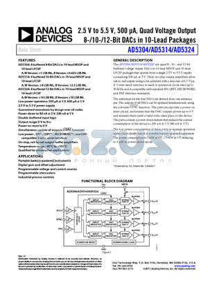 AD5304ARM datasheet - 2.5 V to 5.5 V, 500 lA, Quad Voltage Output 8-/10-/12-Bit DACs in 10-Lead Packages
