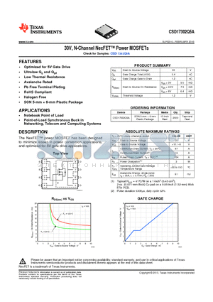 CSD17302Q5A datasheet - 30V, N-Channel NexFET Power MOSFETs