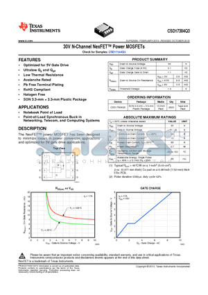 CSD17304Q3_10 datasheet - The NexFET power MOSFET has been designed to minimize losses in power conversion applications and optimized for 5V gate drive applications.