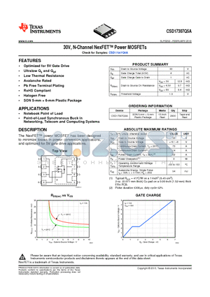 CSD17307Q5A datasheet - 30V, N-Channel NexFET Power MOSFETs
