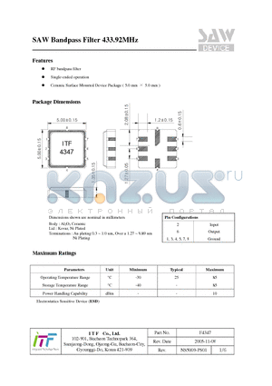 F4347 datasheet - SAW Bandpass Filter 433.92MHz