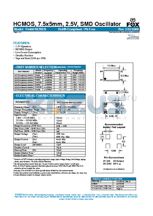 F4405 datasheet - HCMOS, 7.5x5mm, 2.5V, SMD Oscillator