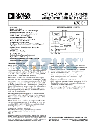 AD5310BRM datasheet - 2.7 V to 5.5 V, 140 uA, Rail-to-Rail Voltage Output 10-Bit DAC in a SOT-23