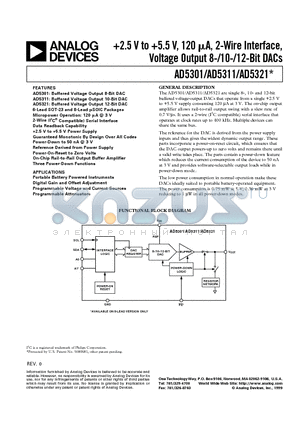 AD5311 datasheet - 2.5 V to 5.5 V, 120 uA, 2-Wire Interface, Voltage Output 8-/10-/12-Bit DACs