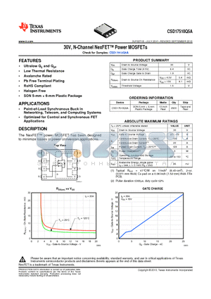 CSD17510Q5A_10 datasheet - 30V, N-Channel NexFET Power MOSFETs