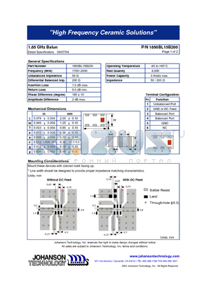 1850BL15B200 datasheet - 1.85 GHz Balun