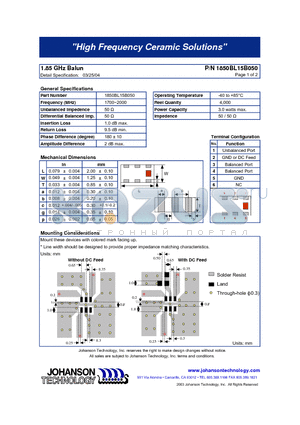 1850BL15B050 datasheet - 1.85 GHz Balun