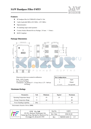 F4553 datasheet - SAW Bandpass Filter