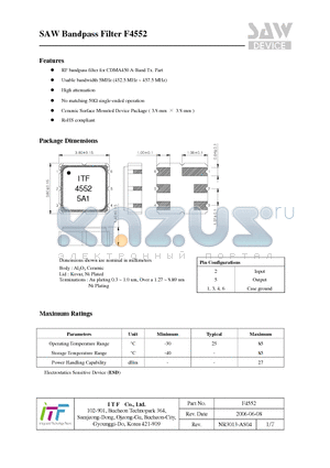 F4552 datasheet - SAW Bandpass Filter