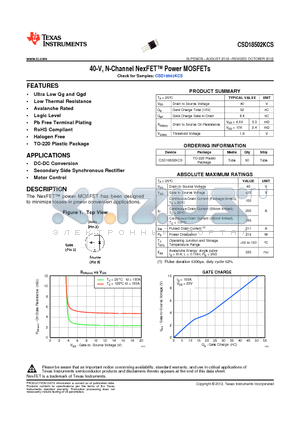 CSD18502KCS datasheet - 40-V, N-Channel NexFET Power MOSFETs