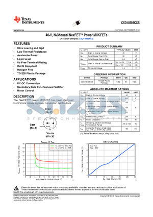 CSD18503KCS datasheet - 40-V, N-Channel NexFET Power MOSFETs