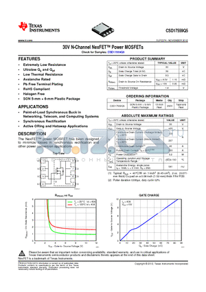 CSD17559Q5 datasheet - 30V N-Channel NexFET Power MOSFETs