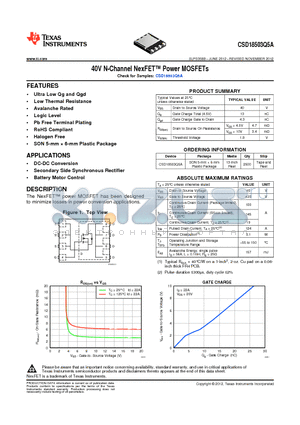 CSD18503Q5A_12 datasheet - The NexFET power MOSFET has been designed to minimize losses in power conversion applications.