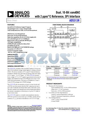 AD5313RBRUZ datasheet - Dual, 10-Bit nanoDAC with 2 ppm/C Reference, SPI Interface