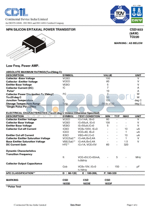 CSD1833 datasheet - NPN SILICON EPITAXIAL POWER TRANSISTOR