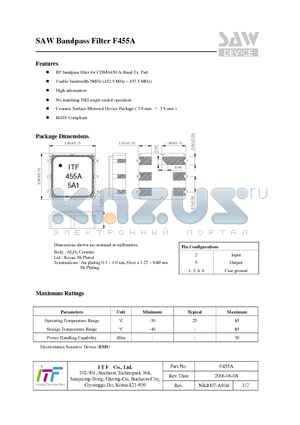 F455A datasheet - SAW Bandpass Filter