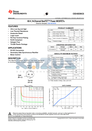 CSD18533KCS datasheet - 60-V, N-Channel NexFET Power MOSFETs