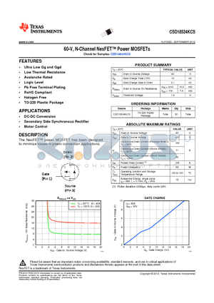 CSD18534KCS datasheet - 60-V, N-Channel NexFET Power MOSFETs