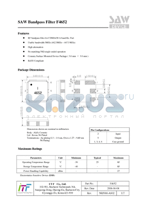 F4652 datasheet - SAW Bandpass Filter