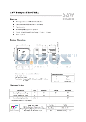 F465A datasheet - SAW Bandpass Filter