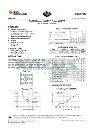 CSD75204W15 datasheet - Dual P-Channel NexFET Power MOSFET