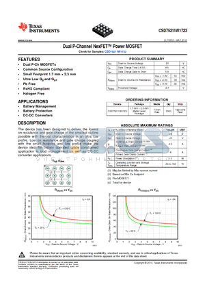 CSD75211W1723 datasheet - Dual P-Channel NexFET Power MOSFET
