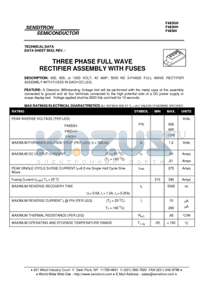 F483HH datasheet - THREE PHASE FULL WAVE RECTIFIER ASSEMBLY WITH FUSES