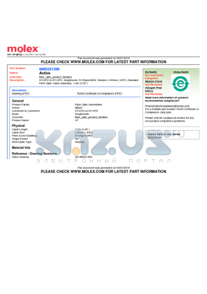 885231300 datasheet - ST/UPC-to-ST/UPC, Singlemode, 9/125lm/G652, Simplex, 0.90mm (.035), Standard Fiber Optic Cable Assembly, 1.0m (3.28)