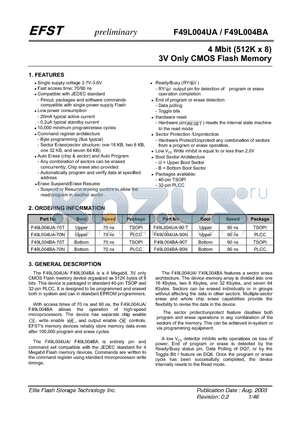 F49L004BA-70N datasheet - 4 Mbit (512K x 8) 3V Only CMOS Flash Memory