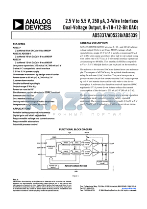 AD5337 datasheet - 2.5 V to 5.5 V, 250 UA, 2-Wire Interface Dual-Voltage Output, 8-/10-/12-Bit DACs