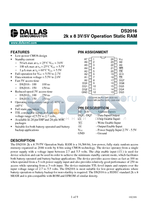 DS2016-150 datasheet - 2k x 8 3V/5V Operation Static RAM