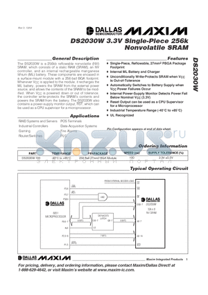 DS2030W datasheet - 3.3V Single-Piece 256k Nonvolatile SRAM