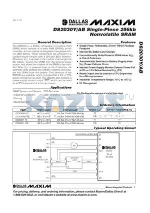 DS2030AB-100 datasheet - Single-Piece 256kb Nonvolatile SRAM