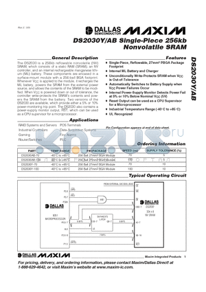 DS2030AB-70 datasheet - Single-Piece 256kb Nonvolatile SRAM