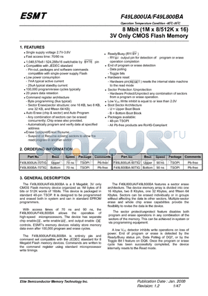 F49L800BA-70TIG datasheet - 8 Mbit (1M x 8/512K x 16) 3V Only CMOS Flash Memory