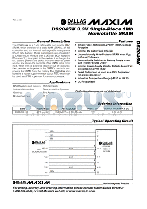 DS2045W datasheet - 3.3V Single-Piece 1Mb Nonvolatile SRAM
