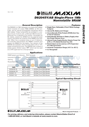 DS2045Y-70 datasheet - Single-Piece 1Mb Nonvolatile SRAM