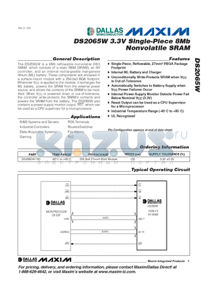 DS2065W datasheet - 3.3V Single-Piece 8Mb Nonvolatile SRAM