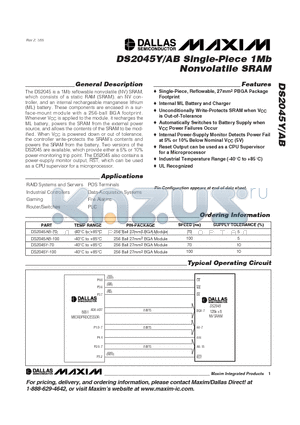 DS2045AB-100 datasheet - Single-Piece 1Mb Nonvolatile SRAM